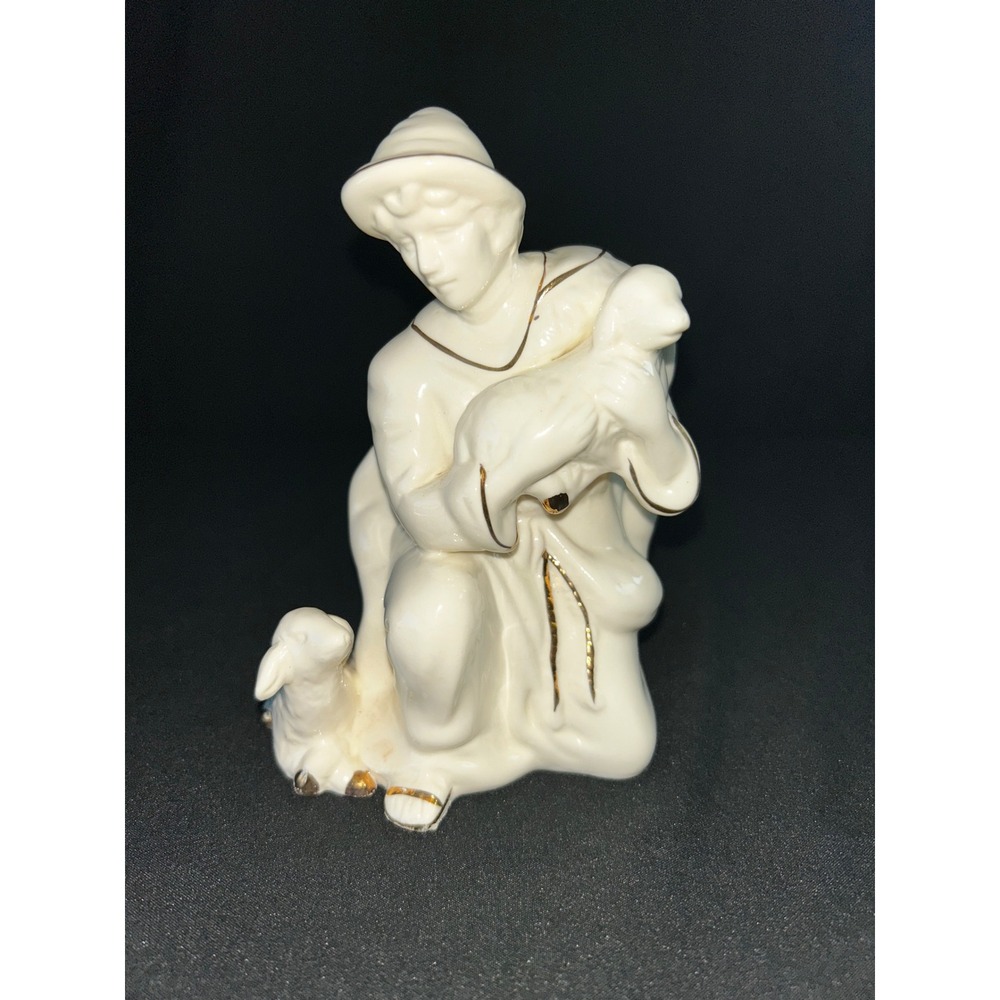 Vintage Porcelain Shepherd Boy with Lamb Figurine Gold Trim Pastoral Scene Decor